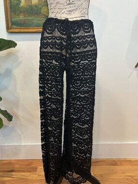 Black Sheer Lace Wide Leg Pants Tassel Tie Boho Resort